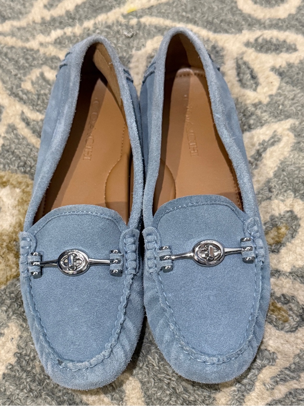 Coach Light Blue Suede Moccasins with Silver Hardware Size 8